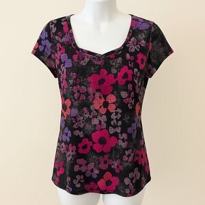 Axcess by Liz Claiborne Floral Abstract Print Short Sleeve Top Size Large EUC
